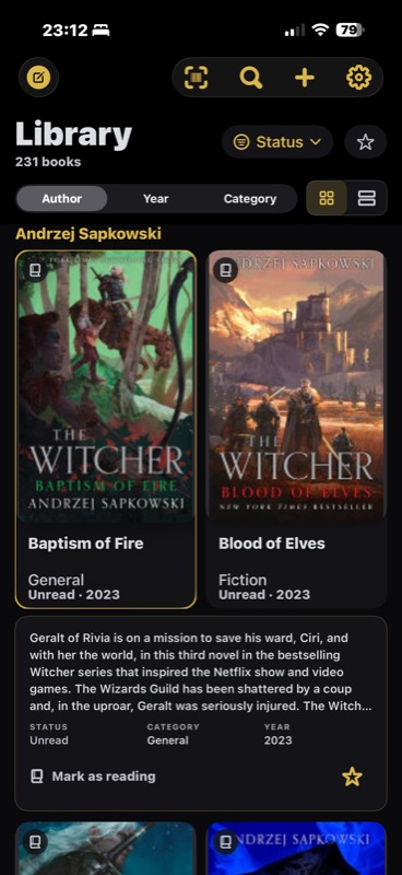 Book detail with cover, rating and reading status