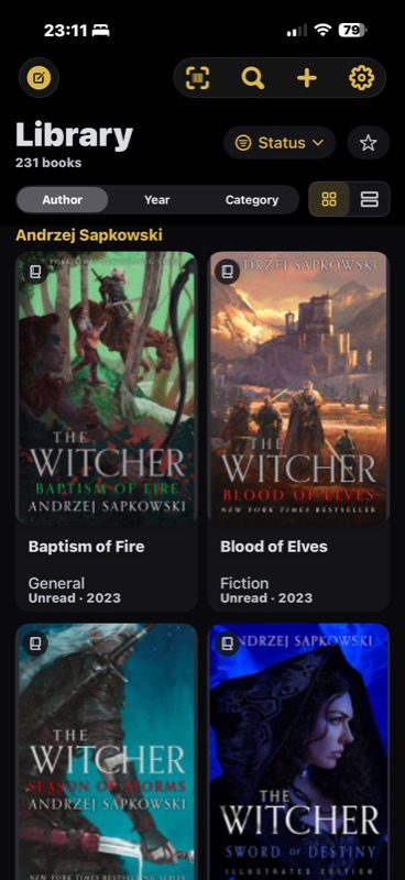 Library grouped by author, shown as cover tiles