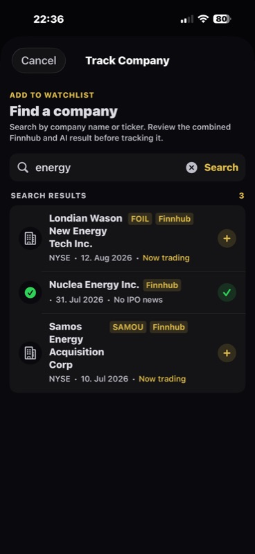 Adding a company by name or ticker